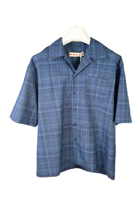 Blue Check Tropical Wool Bowling Shirt-shirt-MARNI-blue-Luciall